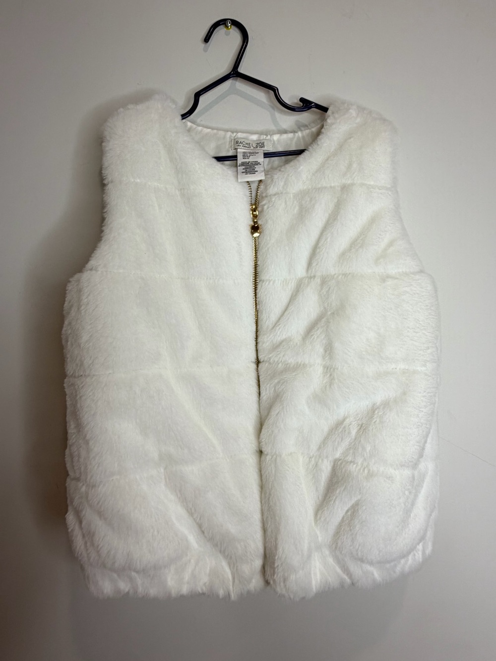 Rachel Zoe White Faux Fur Vest with Gold Zip Girls Size 10/12